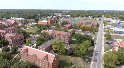 Aerial view of Decatur, Illinois historic buildings